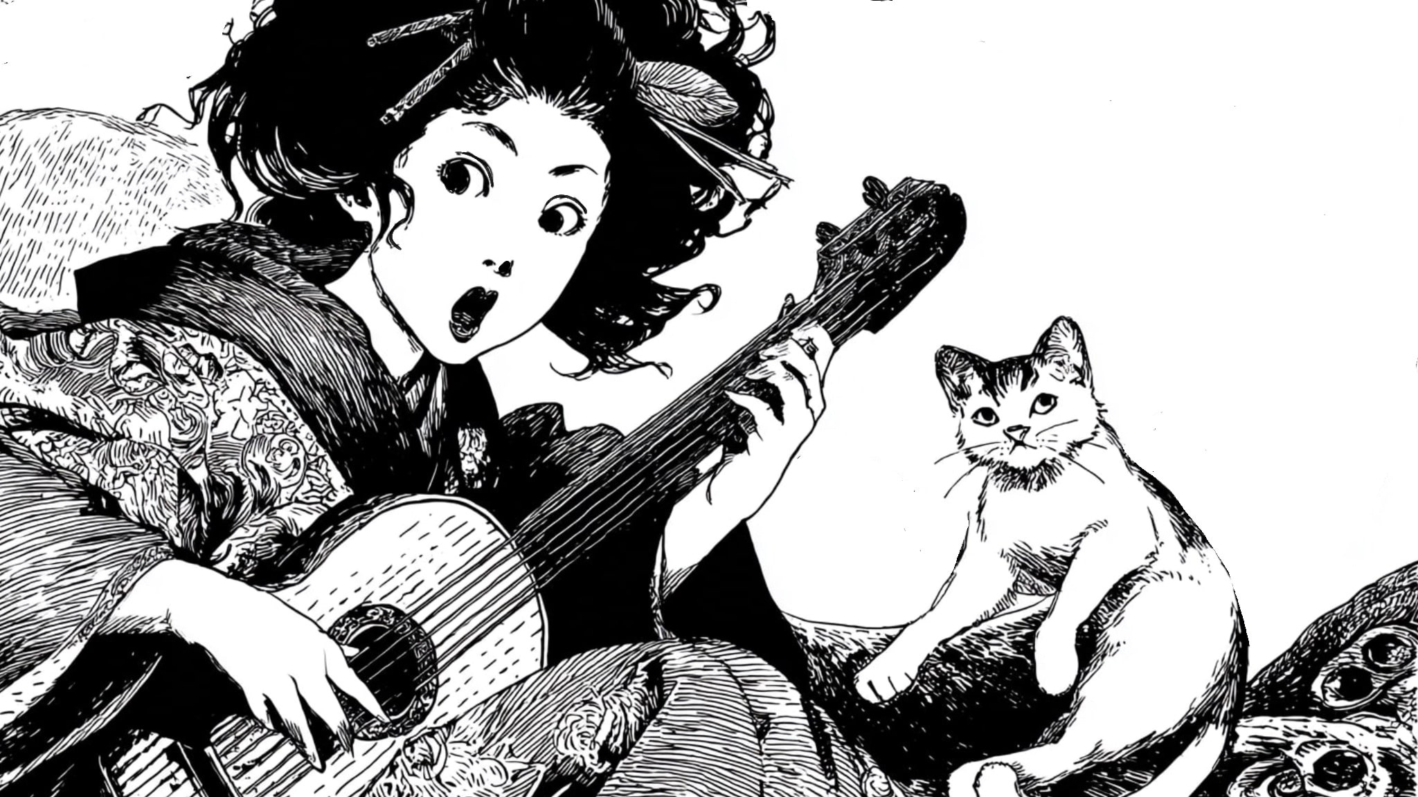 Japanese woman playing guitar with cat