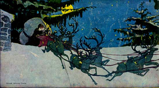 St Nicholas in sleigh with deer at christmas