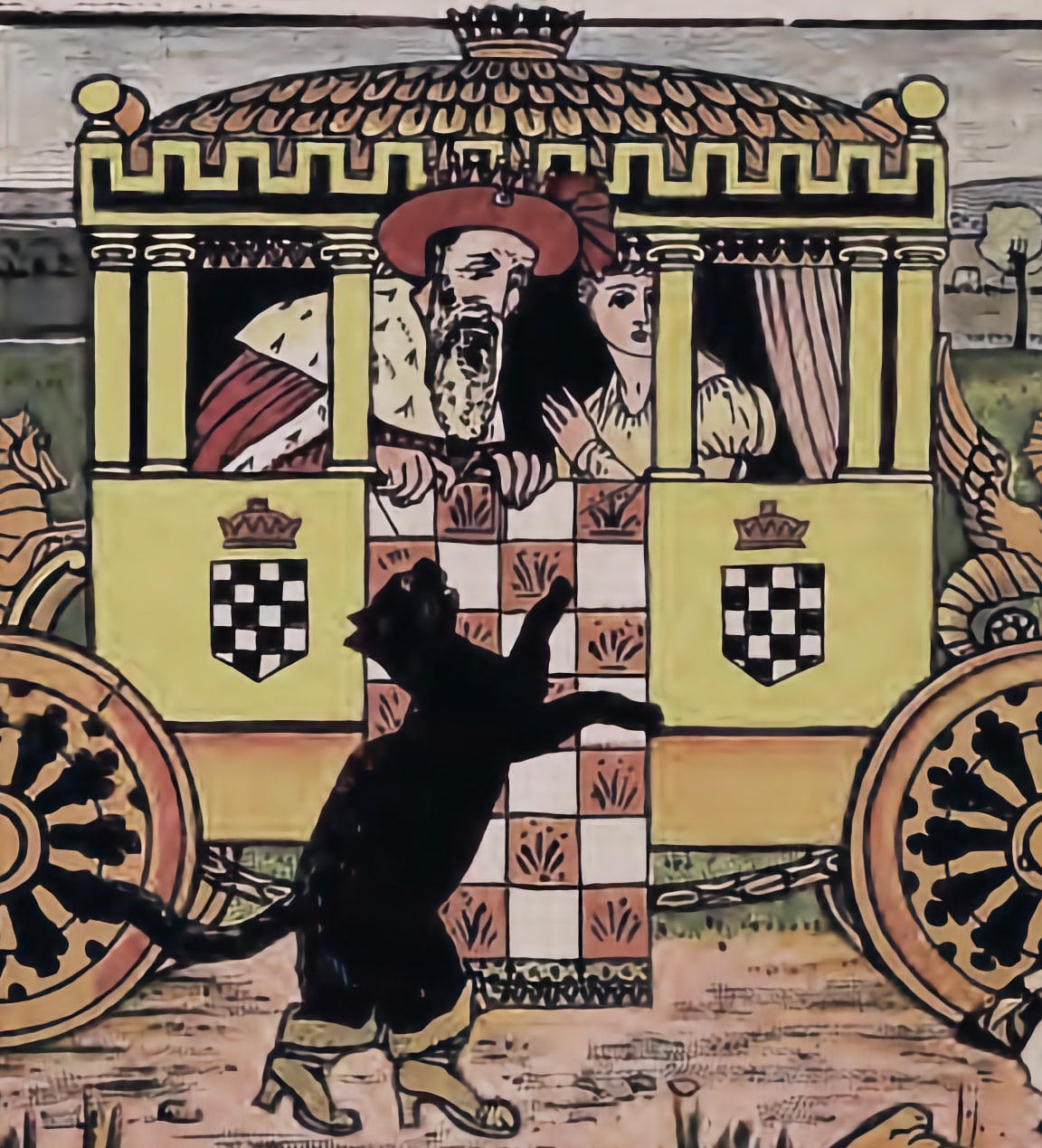 cat meets carriage with king and princess