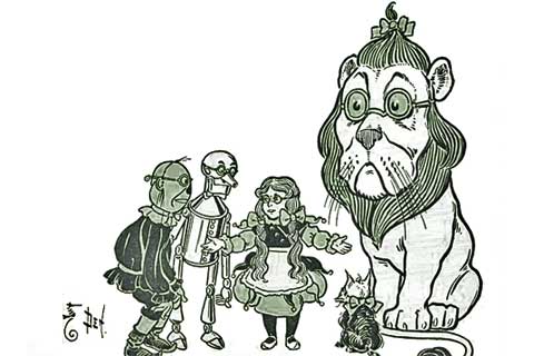 Dorothy and friends wearing Green Spectacles in the Emerald City