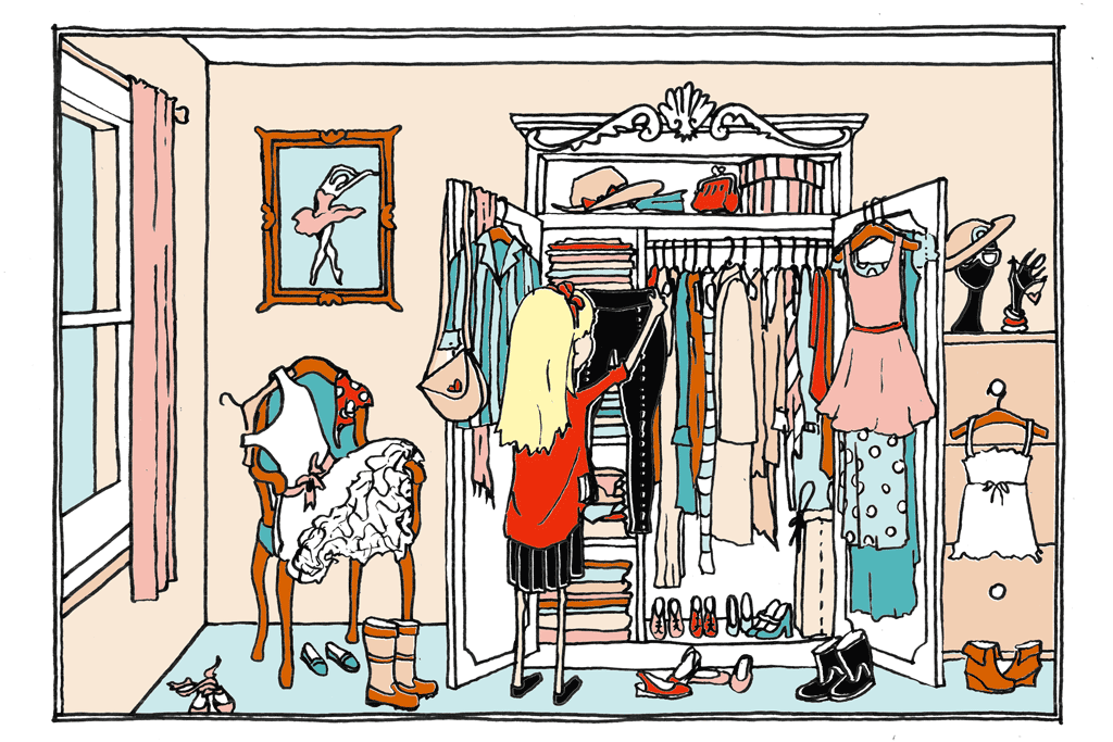 Katie as Isis looks through clothes