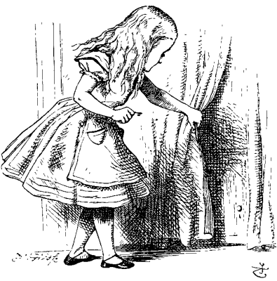 Alice looks behind curtain