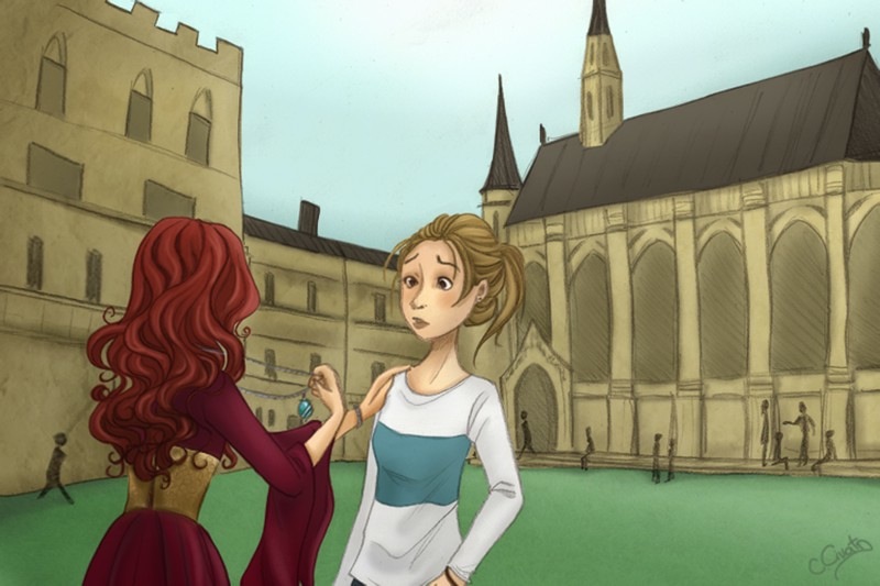 Sally and Princess Talia in the quad of Westerly (Exeter) College Oxford illustrated by Ciara Civati
