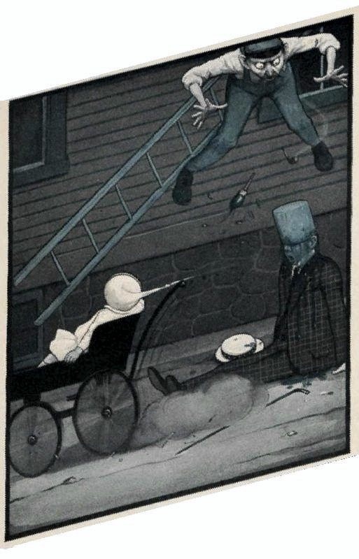 A Painter on a ladder perched, Was working at his calling—