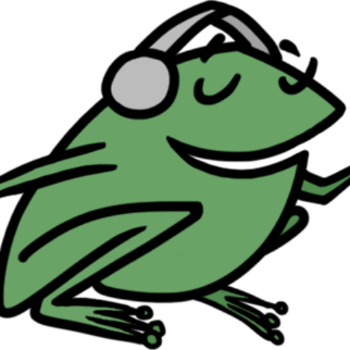 Bertie Frog with Headphones Logo for Storynory Podcast and website