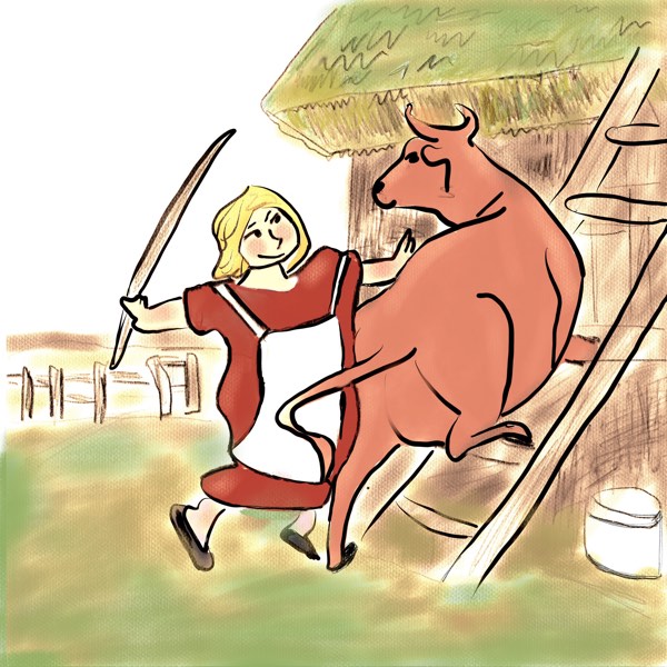 Woman drives cow onto roof for three sillies story by Joseph Jacobs