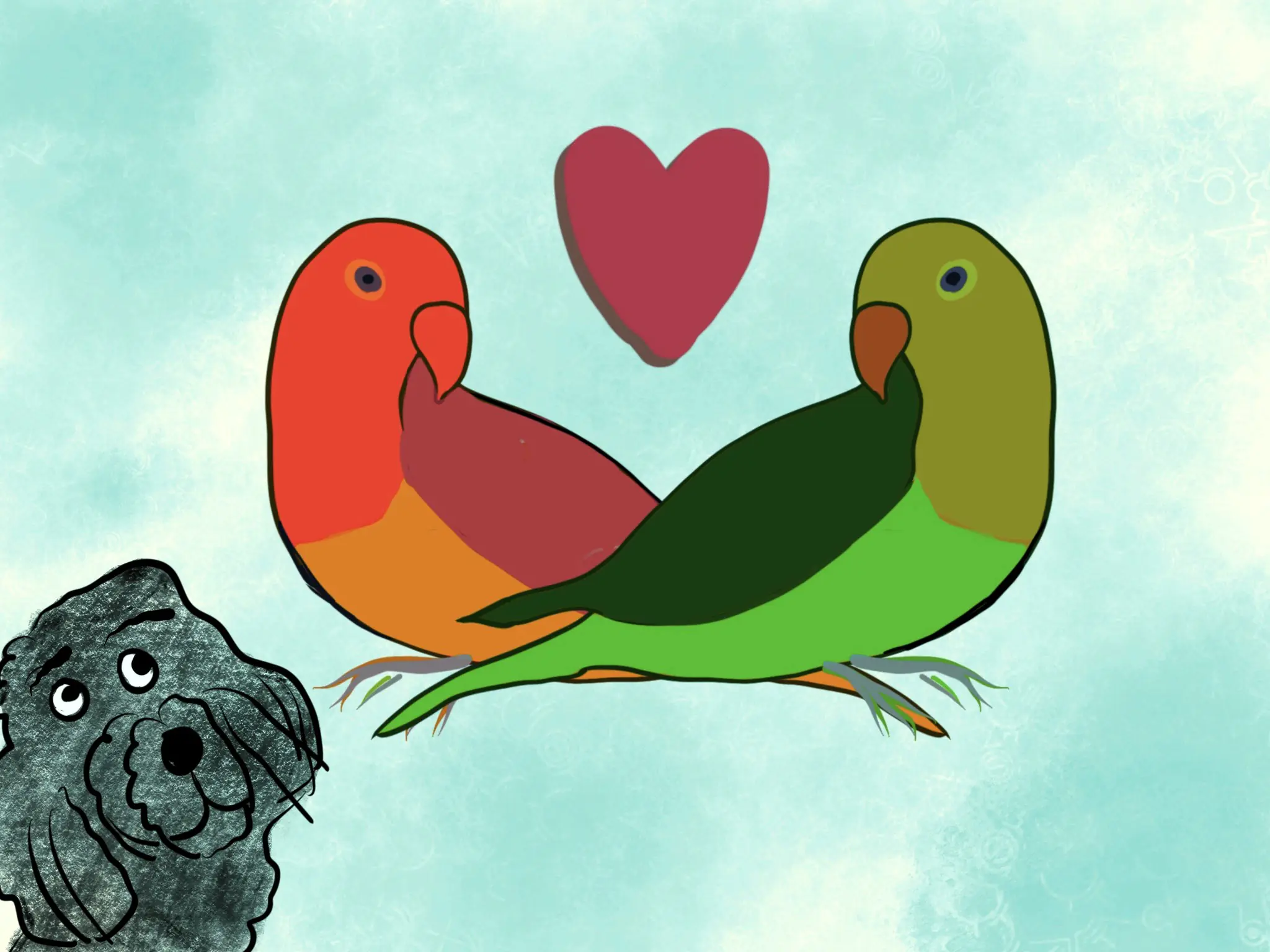 Two Parrots in Love with dog looking on from Storynory Astropup series