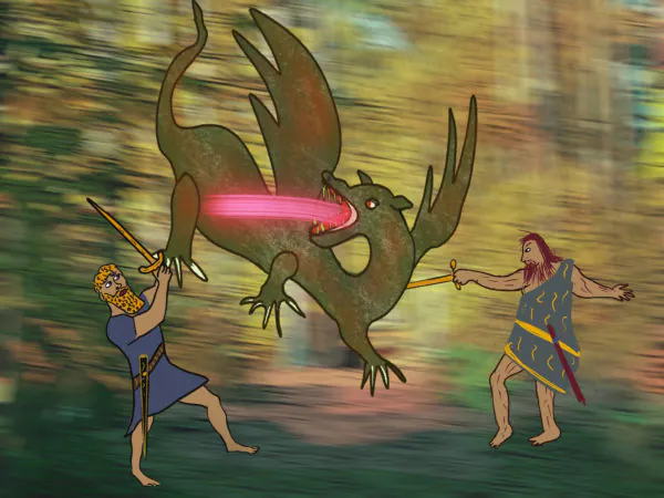 Gilgamesh and Enkidu fight Humbaba in the cedar forest of Lebanon