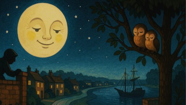 The moon looks on a city