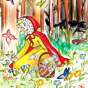 red riding hood picks flowers