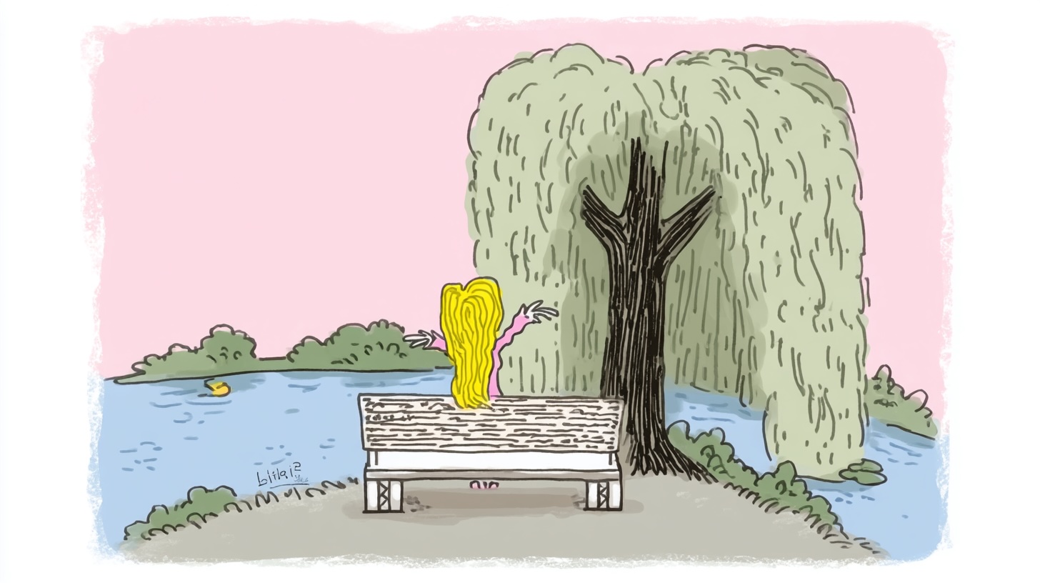 Beatrice by Willow tree and pond