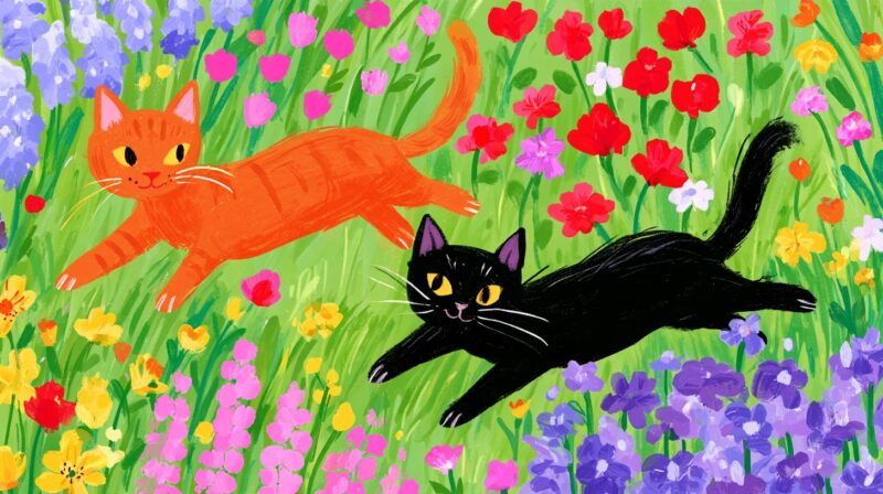 two cats running through garden