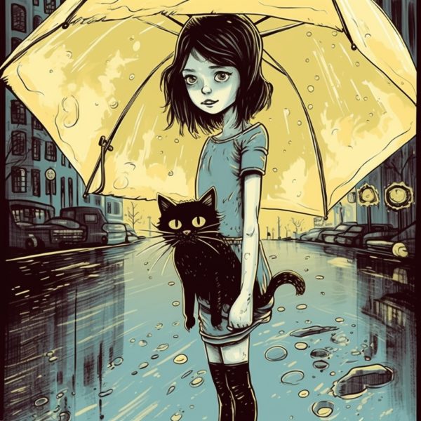 Katie of Storynory standing in rain with cat and umbrella