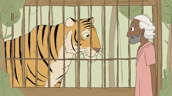 Indian man looks at tiger in cage