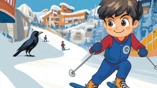 boy and ski slopes with a black bird