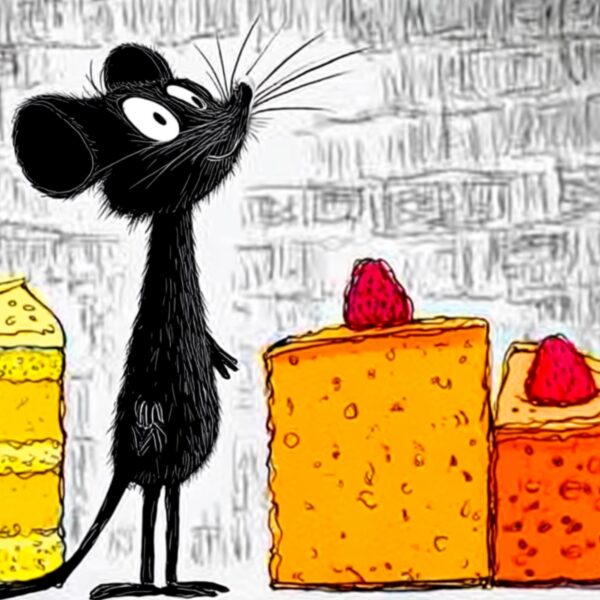 a mouse standing among cakes