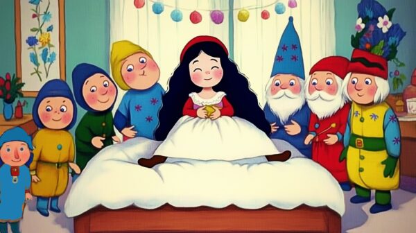 snow white and 7 dwarfs smiling