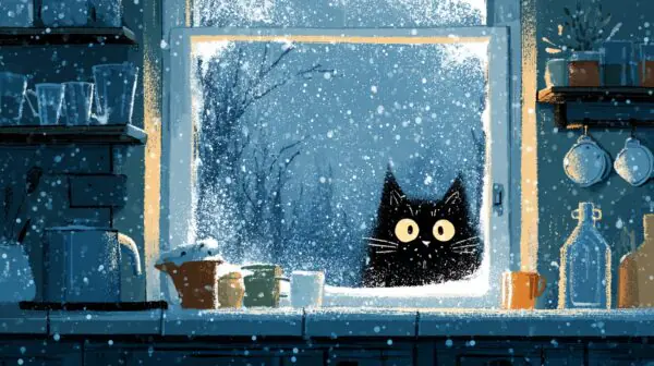 A spooky black cat stares through window of kitchen at night