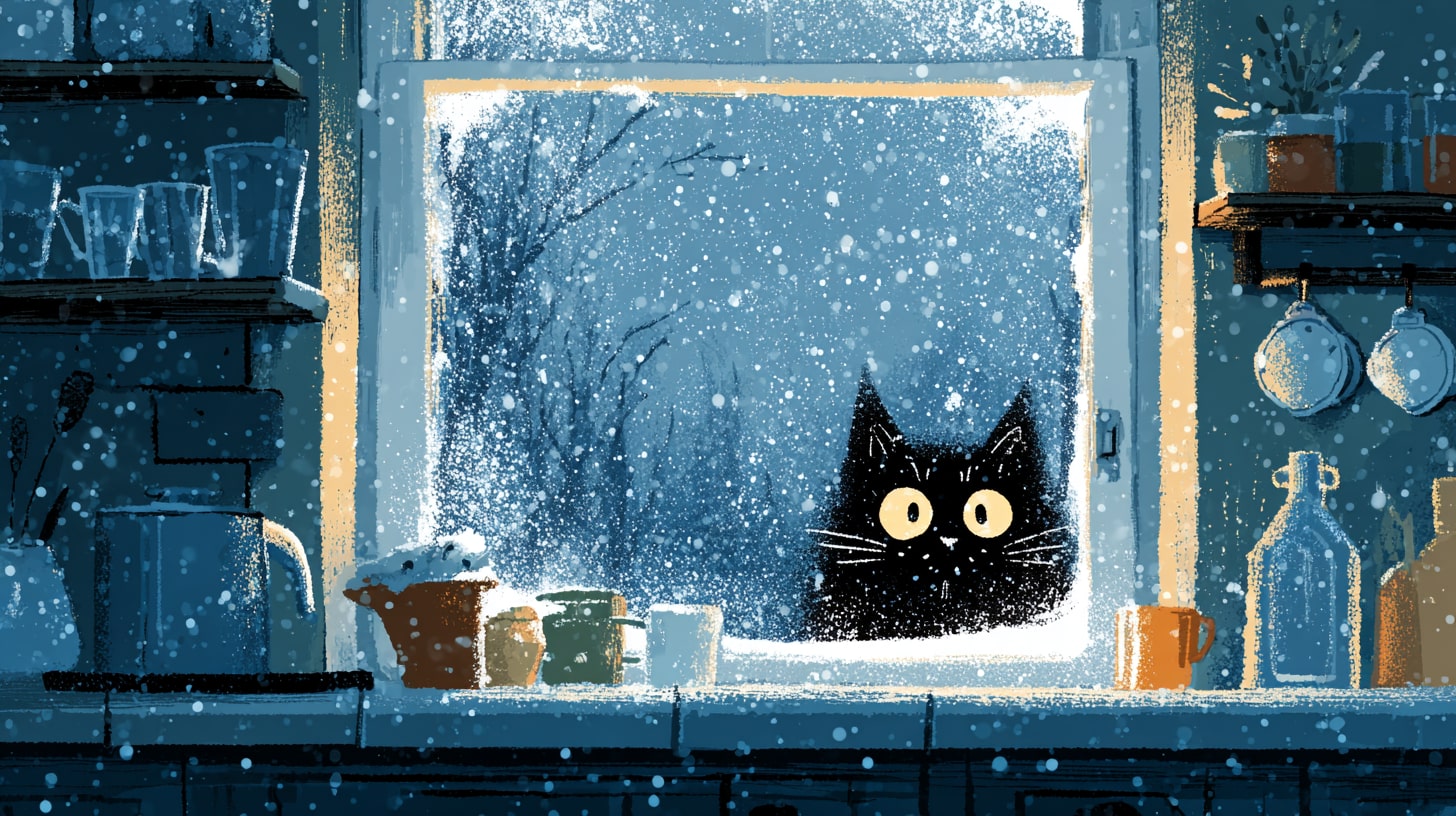 A spooky black cat stares through window of kitchen at night