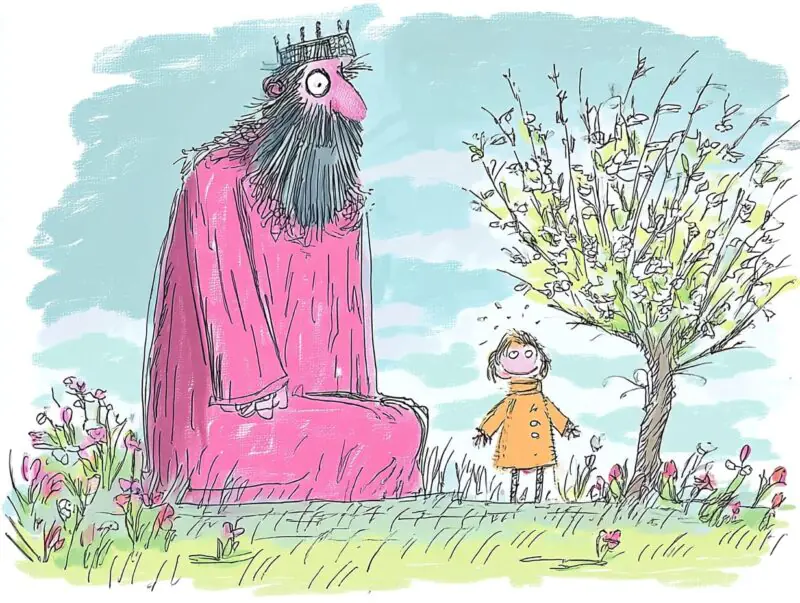 giant kneels and smiles