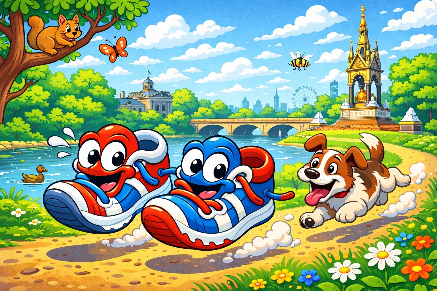 A pair of trainers go for a run and are chased by a dog.