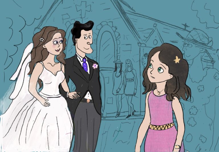 Stella and wedding couple outside church